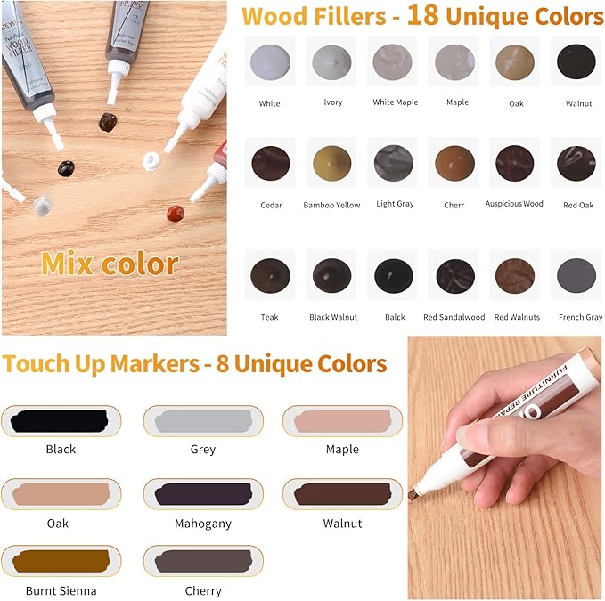 Wood Floor Scratch Repair - Set of 39 - Hardwood Floor Repair Kit Wood Filler Putty, Wood Markers Furniture Repair Kit Touch Up Pens for Scratch Stain Hole, Restore Laminate Vinyl Veneer Cabinet