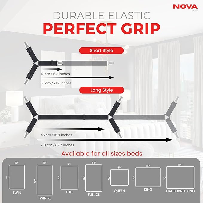 Bed Sheet Holder Straps – Adjustable Elastic Sheet Clips with Nickel Clamps & Fabric Protectors, Crisscross Design Keeps Sheets Tight – Fits All Mattress Sizes, 2pcs Set, Black