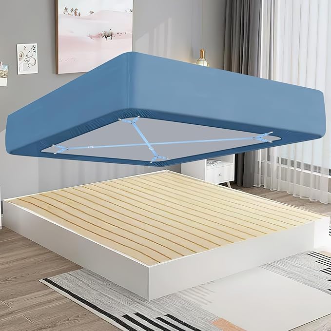 Morcheiong Bed Sheet Fasteners Straps - 4 Pack Adjustable Bed Sheet Holder Strap for Bedding Stays Bedsheet Tie Downs - Blue