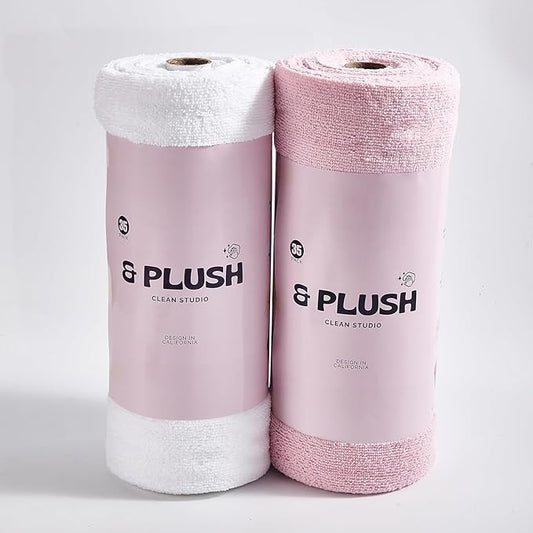 & PLUSH Microfiber Cleaning Cloth Roll - 70 Pack, Tear Away Microfiber Towels, 12" x 12", Reusable, Washable, Streak Free, Ultra Absorbent Dish Rags for Car, Home, Garage or Shop (Pink and White)