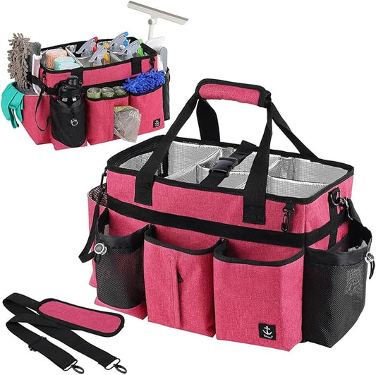 Large Cleaning Caddy Bags Pink with Sturdy Support Board, Cleaning Organizer with Detachable Dividers, Cleaning Supply Tote with Adjustable Shoulder Strap & Waist Belt for Cleaners Housekeepers