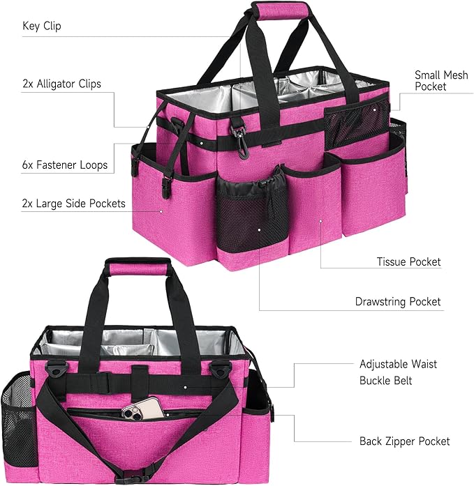 Cleaning Caddy Bag, Large Cleaning Supplies Organizer for Housekeepers, Housekeeping Caddy with Handle and Detachable Padded Cushion, Pink