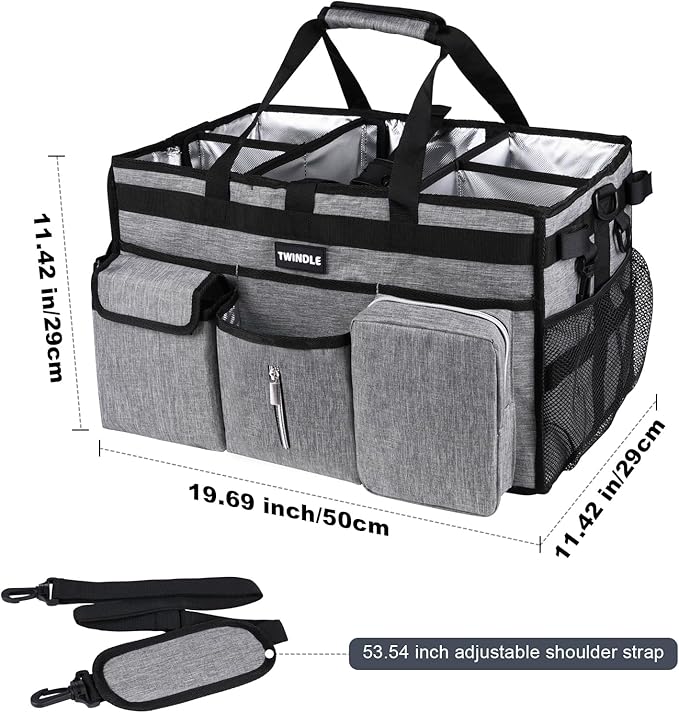 Extra Large Cleaning Caddy Bag with Rigid Support Board, Cleaning Organizer Tote with Detachable Divider, Adjustable Shoulder Strap & Waist Belt, Cleaning Supply Carrier for Cleaners & Housekeepers