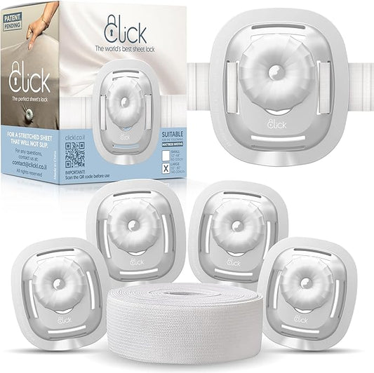 CLICK Sheet Holders 360° Heavy Duty Bedlock Set of 4 Sheet Clips Keeping Sheets in Place, No Lift Mattress Sheet Locks & Strap for Bedding, Bedsheet Fasteners Sheet Stays on King, Queen & Twin XL Beds