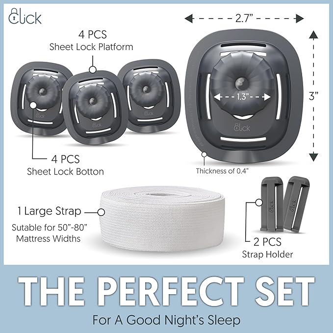 CLICK Sheet Holders 360° Heavy Duty Bedlock Set of 4 Sheet Clips Keeping Sheets in Place, No Lift Mattress Sheet Locks & Strap for Bedding, Bedsheet Fasteners Sheet Stays on King, Queen & Twin XL Beds