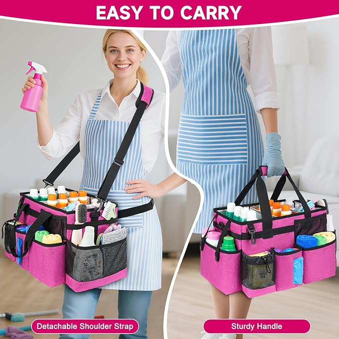 Cleaning Caddy Bag, Large Cleaning Supplies Organizer for Housekeepers, Housekeeping Caddy with Handle and Detachable Padded Cushion, Pink