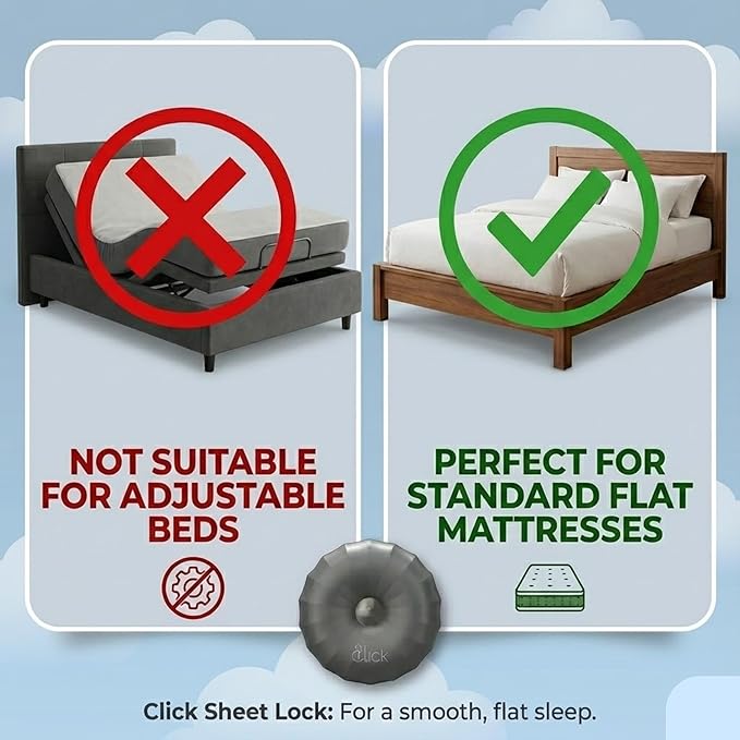 CLICK Sheet Holders 360° Heavy Duty Bedlock Set of 4 Sheet Clips Keeping Sheets in Place, No Lift Mattress Sheet Locks & Strap for Bedding, Bedsheet Fasteners Sheet Stays on King, Queen & Twin XL Beds
