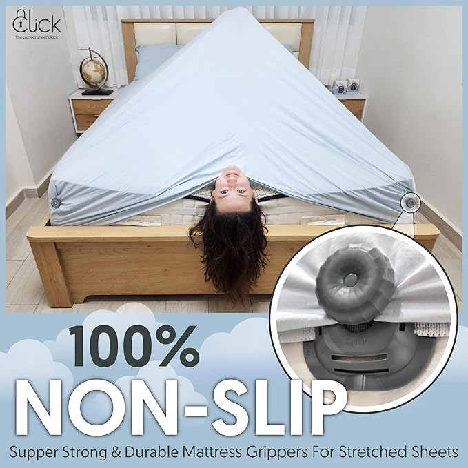 CLICK Sheet Holders 360° Heavy Duty Bedlock Set of 4 Sheet Clips Keeping Sheets in Place, No Lift Mattress Sheet Locks & Strap for Bedding, Bedsheet Fasteners Sheet Stays on King, Queen & Twin XL Beds