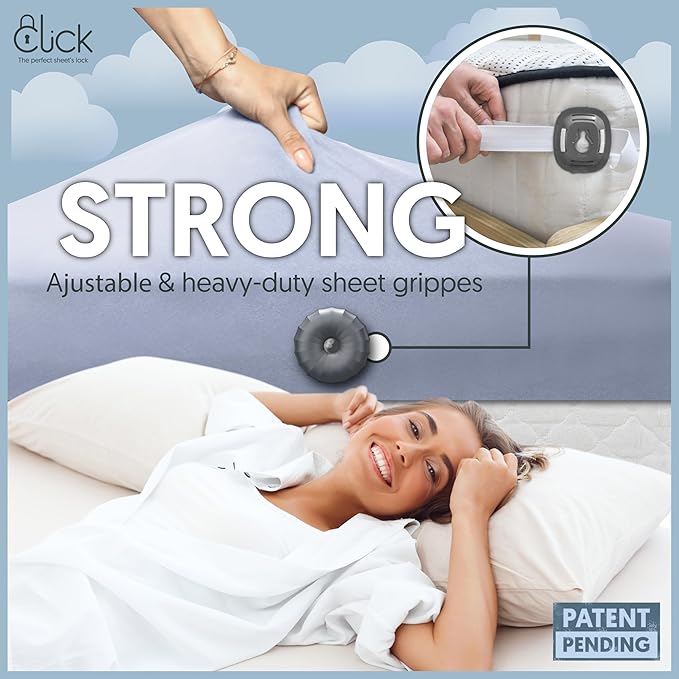 CLICK Sheet Holders 360° Heavy Duty Bedlock Set of 4 Sheet Clips Keeping Sheets in Place, No Lift Mattress Sheet Locks & Strap for Bedding, Bedsheet Fasteners Sheet Stays on King, Queen & Twin XL Beds
