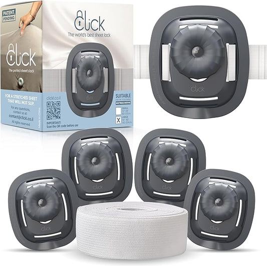 CLICK Sheet Holders 360° Heavy Duty Bedlock Set of 4 Sheet Clips Keeping Sheets in Place, No Lift Mattress Sheet Locks & Strap for Bedding, Bedsheet Fasteners Sheet Stays on King, Queen & Twin XL Beds