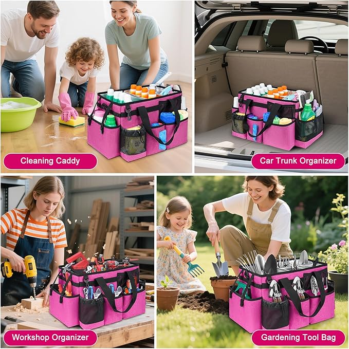 Cleaning Caddy Bag, Large Cleaning Supplies Organizer for Housekeepers, Housekeeping Caddy with Handle and Detachable Padded Cushion, Pink