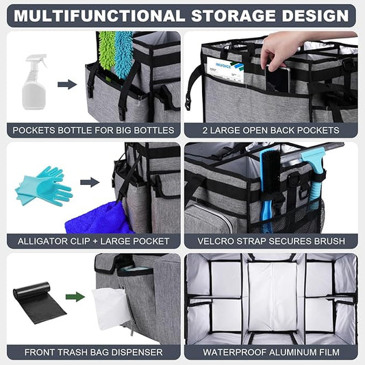 Extra Large Cleaning Caddy Bag with Rigid Support Board, Cleaning Organizer Tote with Detachable Divider, Adjustable Shoulder Strap & Waist Belt, Cleaning Supply Carrier for Cleaners & Housekeepers