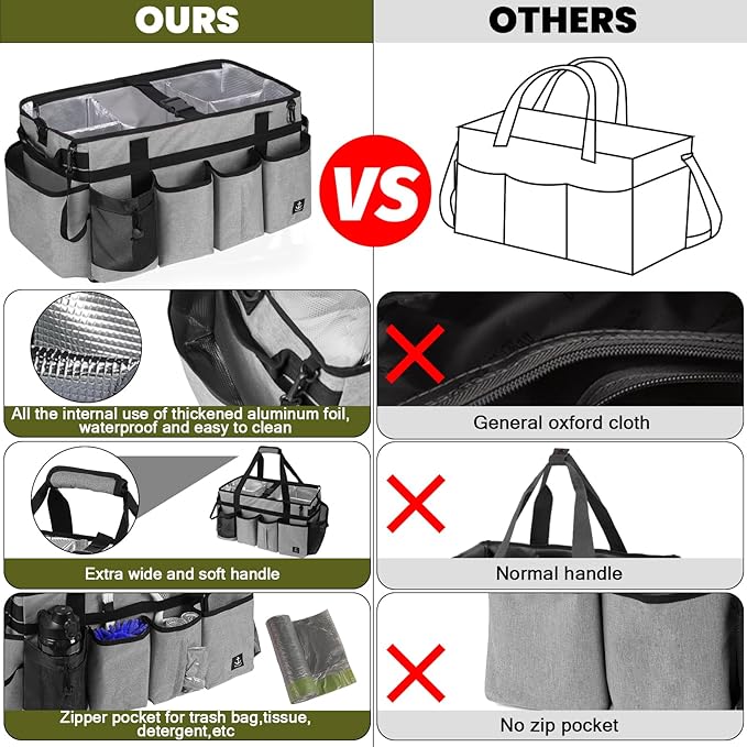 Extra large Cleaning Caddy Bag Built-in Sturdy Support Board, Cleaning Organizer with Detachable Divider, Cleaning Supply Tote with Adjustable Shoulder Strap (Grey, 19'' x 11'' x 11'')