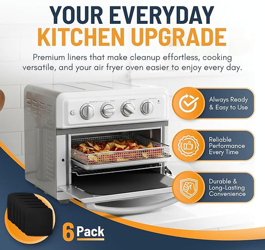 Toaster Oven Liners for Bottom of Oven (6 Pack) Reusable Non-Stick Heat Resistant Toaster Liners, Compatible with Ninja, Cuisinart, Emeril Lagasse & More, Toaster Mat, 12"x12" (Black)