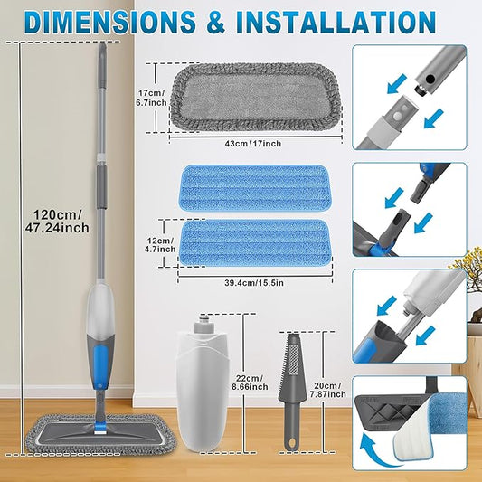 Spray Mops for Floor Cleaning - Microfiber Wet Dry Dust Mop for Hardwood Laminate Wood Tile Vinyl Floors with 3 Washable Pads fit for Swiffer PowerMop