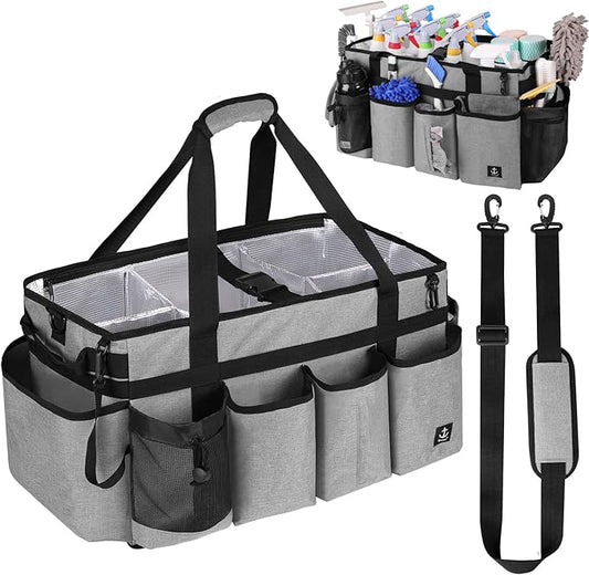 Extra large Cleaning Caddy Bag Built-in Sturdy Support Board, Cleaning Organizer with Detachable Divider, Cleaning Supply Tote with Adjustable Shoulder Strap (Grey, 19'' x 11'' x 11'')