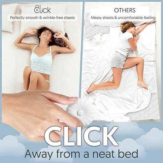 CLICK Sheet Holders 360° Heavy Duty Bedlock Set of 4 Sheet Clips Keeping Sheets in Place, No Lift Mattress Sheet Locks & Strap for Bedding, Bedsheet Fasteners Sheet Stays on King, Queen & Twin XL Beds