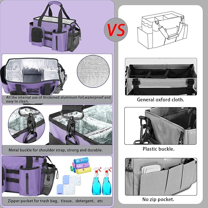 Wearable Cleaning Caddy Bag, Cleaning Organizer with Handles, Cleaning Supply Tote with Adjustable Shoulder Strap for Cleaners & Housekeeper (Purple, 13.4'' x 7.3'' x 9.3'')