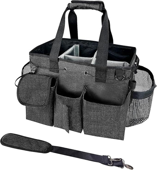 Large Cleaning Caddy Bag, Wearable Cleaning Supplies Organizer with Shoulder and Waist Straps, Multiple Compartments Organizer Tote with Detachable Divider for Cleaners (Black)