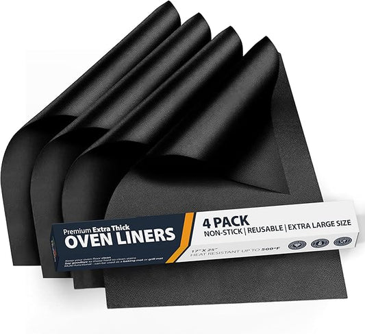Oven Liners for Bottom of Oven - 4 Pack Large Heavy Duty Mats, 17”x25” Non-Stick Reusable Liner for Electric, Gas, Toasters, Grills - BPA & PFOA Free Kitchen Accessory to Keep It Clean (Black)