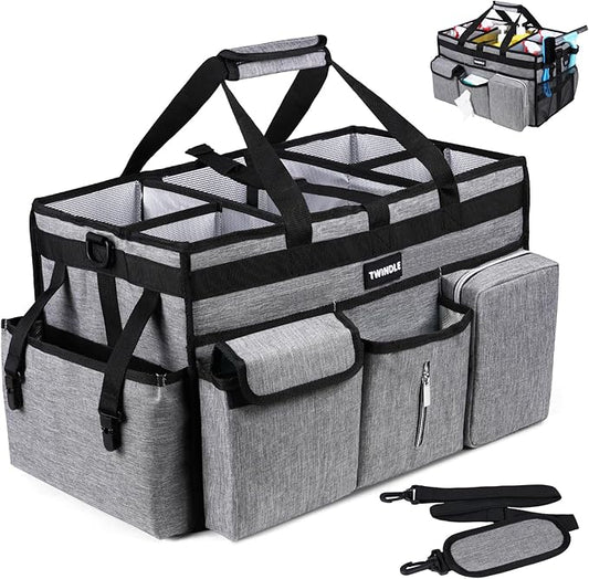 Large Cleaning Caddy Bag with Rigid Support Board, Cleaning Organizer Tote with Detachable Divider, Adjustable Shoulder Strap & Waist Belt, Cleaning Supply Carrier for Cleaners & Housekeepers