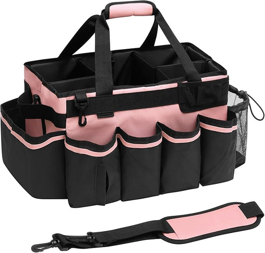Large Cleaning Caddy, Professional Wearable Supplies Bag for Housekeepers, House Cleaners, and Car Detailing - Organizer Tote With Handle, Pink