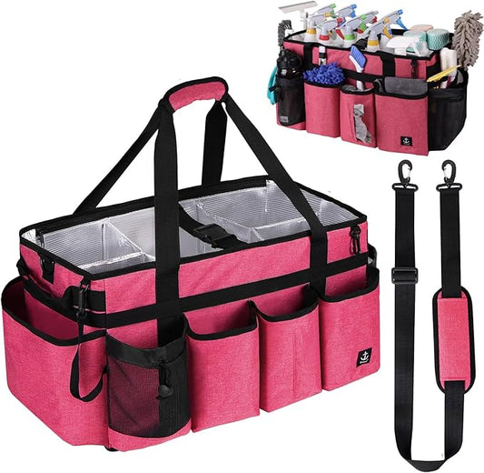 Extra large Cleaning Caddy Bag Built-in Sturdy Support Board, Cleaning Organizer with Detachable Divider, Cleaning Supply Tote with Adjustable Shoulder Strap (Pink, 19'' x 11'' x 11'')