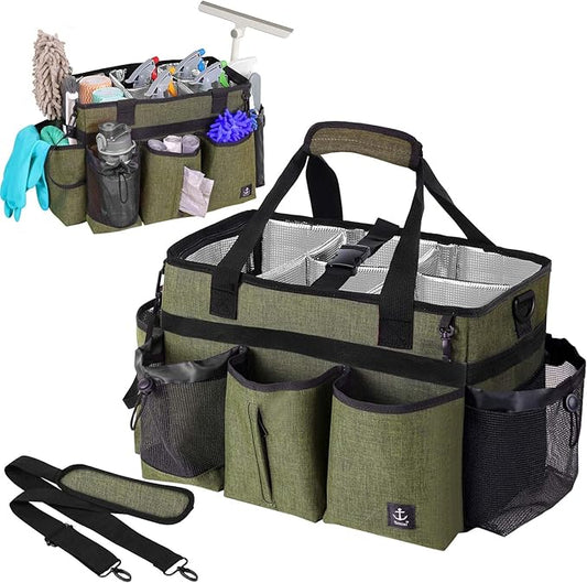 Large Cleaning Caddy Bag Built-in Sturdy Support Board, Cleaning Organizer with Detachable Divider, Cleaning Supply Tote with Adjustable Shoulder Strap&Waist Belt for Cleaners & Housekeeper