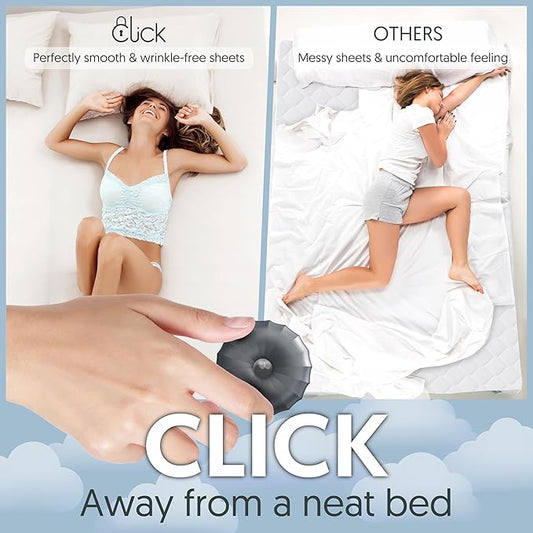 CLICK Sheet Holders 360° Heavy Duty Bedlock Set of 4 Sheet Clips Keeping Sheets in Place, No Lift Mattress Sheet Locks & Strap for Bedding, Bedsheet Fasteners Sheet Stays on King, Queen & Twin XL Beds