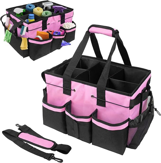 ZKOO Large Cleaning Caddy Bag with Handle, Built-in Sturdy Support Board, Adjustable Shoulder Strap, Multi-compartment Design Cleaning Supply Tote for Cleaners & Housekeepers (Pink)
