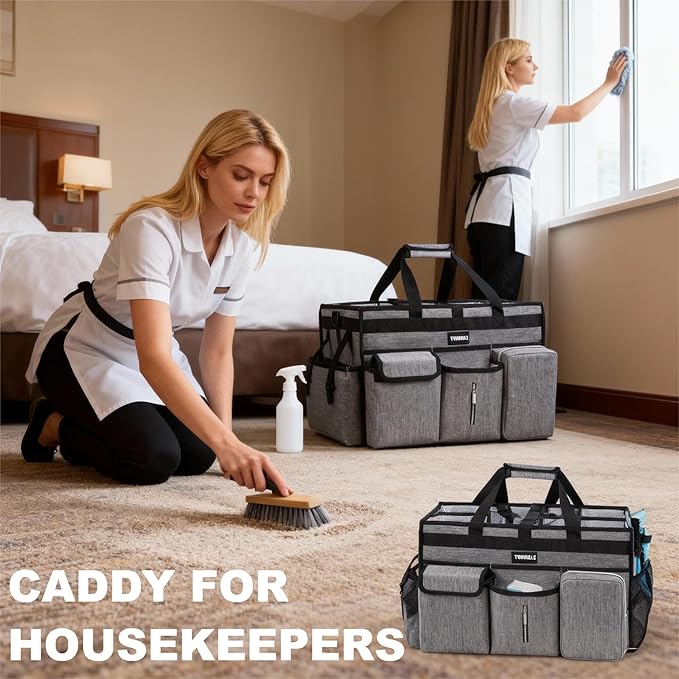 Extra Large Cleaning Caddy Bag with Rigid Support Board, Cleaning Organizer Tote with Detachable Divider, Adjustable Shoulder Strap & Waist Belt, Cleaning Supply Carrier for Cleaners & Housekeepers