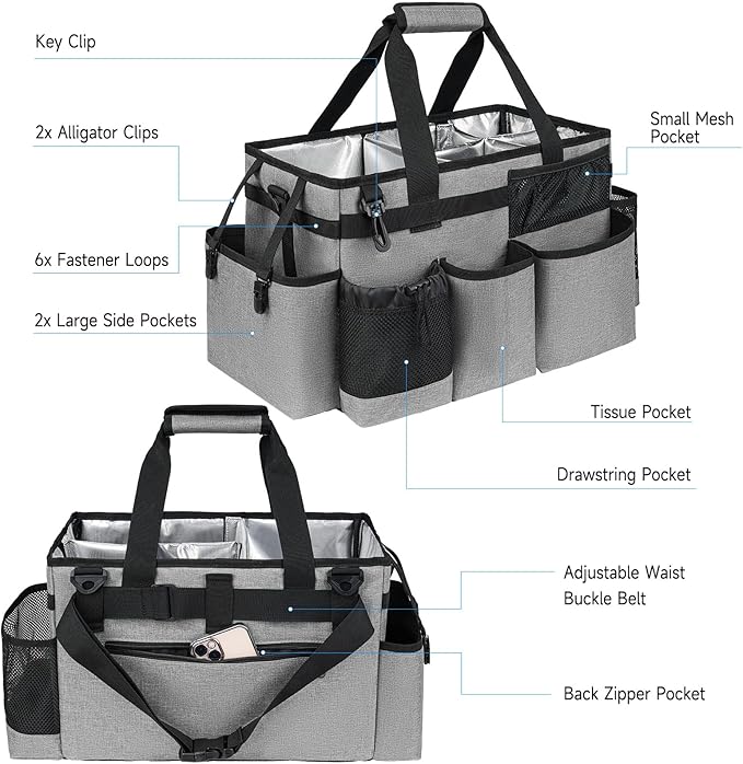 Cleaning Caddy Bag, Large Cleaning Supplies Organizer for Housekeepers, Housekeeping Caddy with Handle and Detachable Padded Cushion, Gray
