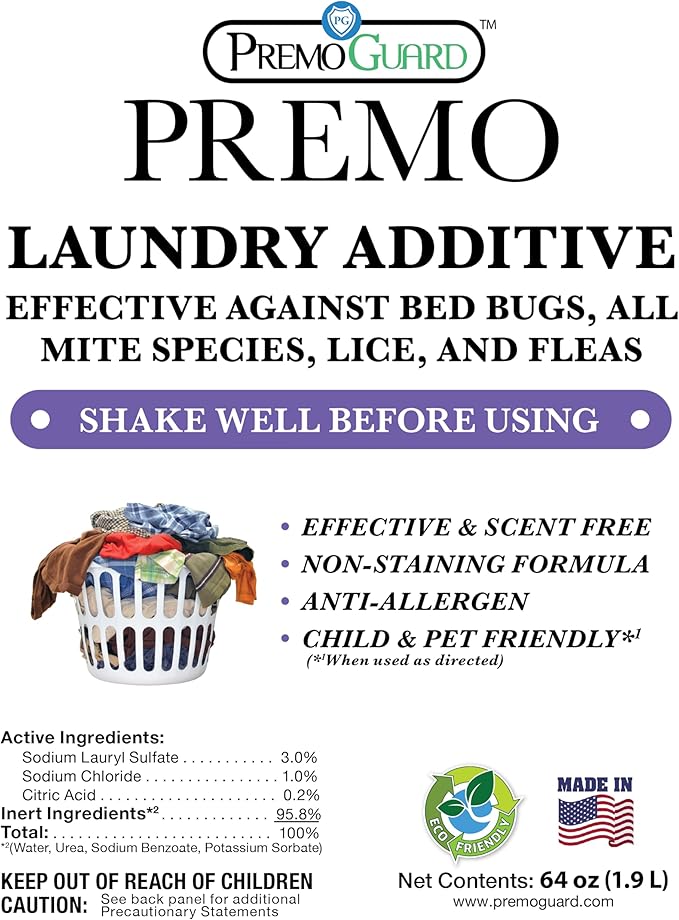 Premo Guard Bed Bug, Mite & Lice Laundry Detergent Additive 64 oz – Child & Pet Friendly – Stain & Odor Free – Best Natural Non-Toxin Treatment
