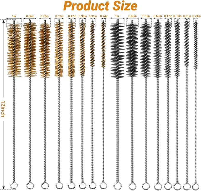 16Pcs Tube Cleaning Brush,Brass Stainless Steel Engine Cleaning Brushes,12 inch Long Round Wire Pipe Cleaner for Deep Pipes,Auto Parts, Engine Parts,8 Sizes