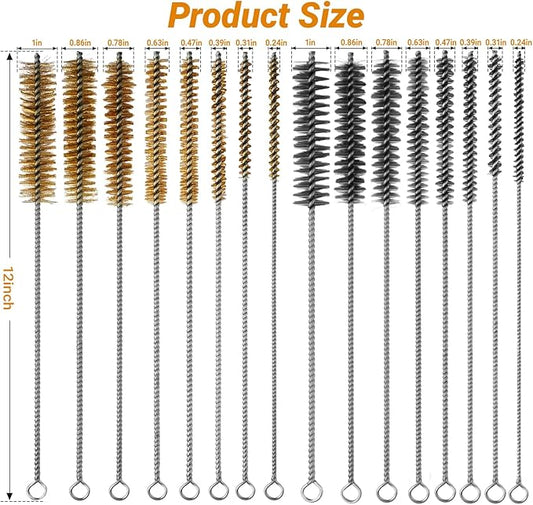 16Pcs Tube Cleaning Brush,Brass Stainless Steel Engine Cleaning Brushes,12 inch Long Round Wire Pipe Cleaner for Deep Pipes,Auto Parts, Engine Parts,8 Sizes
