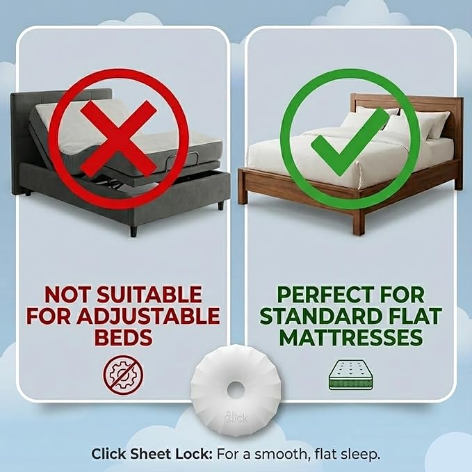 CLICK Sheet Holders 360° Heavy Duty Bedlock Set of 4 Sheet Clips Keeping Sheets in Place, No Lift Mattress Sheet Locks & Strap for Bedding, Bedsheet Fasteners Sheet Stays on King, Queen & Twin XL Beds
