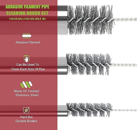 16 Inch Extra Long Pipe Cleaning Brush Set Abrasive Filament, 8 Piece Variety Pack for Removal of Rust, Corrosion, Paint, Etc.