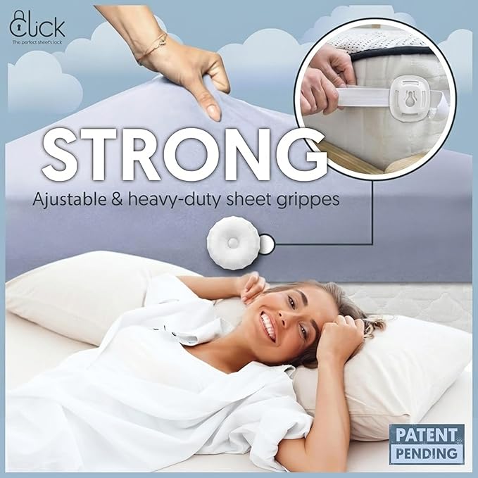 Click Sheet Holders for Adjustable Bed 4 Bedsheet Gripper Clips 2 Mattress Straps to Hold Sheets in Place, Heavy Duty Bed Sheet Fasteners for Twin, Queen & Split King, No-Slip Memory Foam Bed Lock