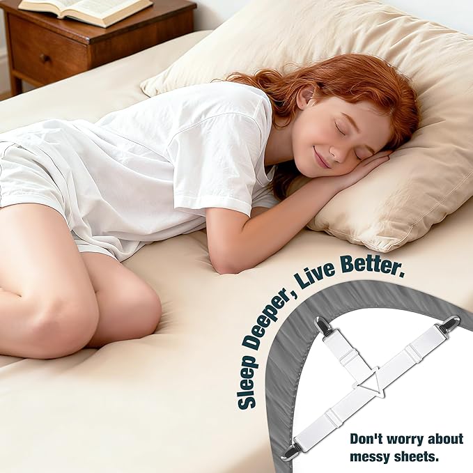 4 Packs Bed Sheet Fasteners, Adjustable Mattress Cover Straps with Metal Clips, Elastic Bed Corner Holders, Non Slip Sheet Clips White