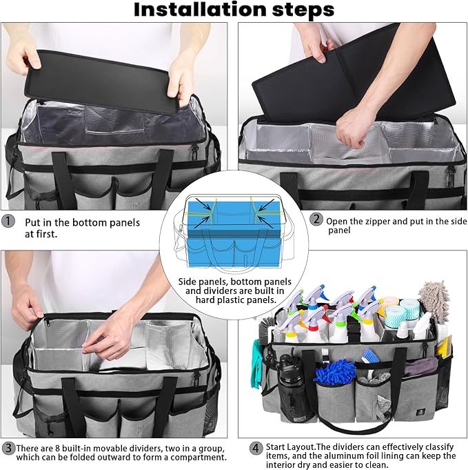 Extra large Cleaning Caddy Bag Built-in Sturdy Support Board, Cleaning Organizer with Detachable Divider, Cleaning Supply Tote with Adjustable Shoulder Strap (Grey, 19'' x 11'' x 11'')