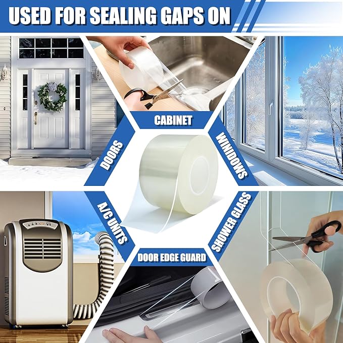 Window Weather Sealing Tape 2 in x 66 FT Weather Stripping Weatherproof Draft Stopper Clear Window Insulation Tape for Doors Windows Garages RVs Energy Saving Kit