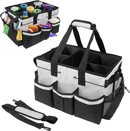 ZKOO Large Cleaning Caddy Bag with Handle, Built-in Sturdy Support Board, Adjustable Shoulder Strap, Multi-compartment Design Cleaning Supply Tote for Cleaners & Housekeepers (White)