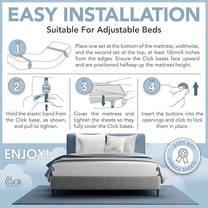 Click Sheet Holders for Adjustable Bed 4 Bedsheet Gripper Clips 2 Mattress Straps to Hold Sheets in Place, Heavy Duty Bed Sheet Fasteners for Twin, Queen & Split King, No-Slip Memory Foam Bed Lock