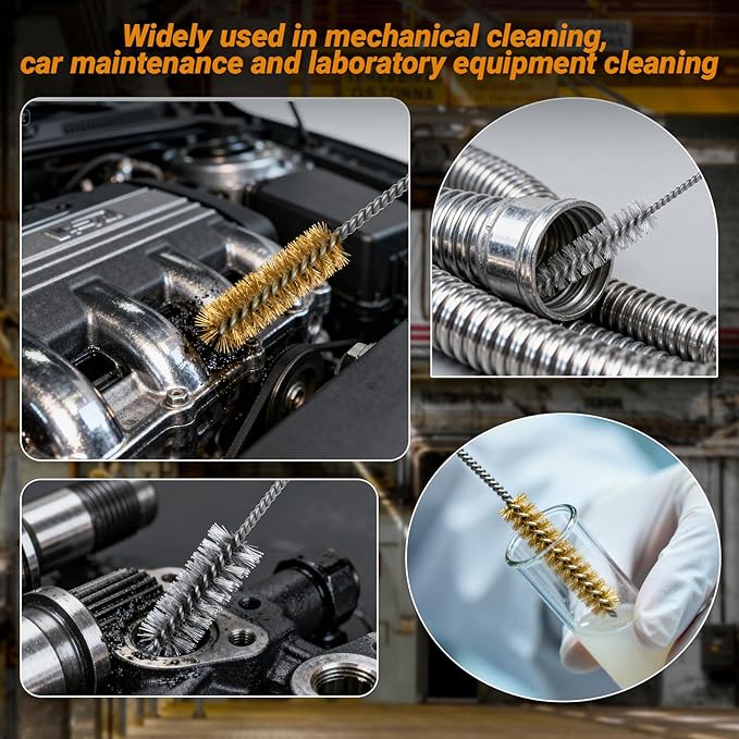 16Pcs Tube Cleaning Brush,Brass Stainless Steel Engine Cleaning Brushes,12 inch Long Round Wire Pipe Cleaner for Deep Pipes,Auto Parts, Engine Parts,8 Sizes