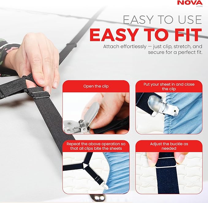 Bed Sheet Holder Straps – Adjustable Elastic Sheet Clips with Nickel Clamps & Fabric Protectors, Crisscross Design Keeps Sheets Tight – Fits All Mattress Sizes, 2pcs Set, Black