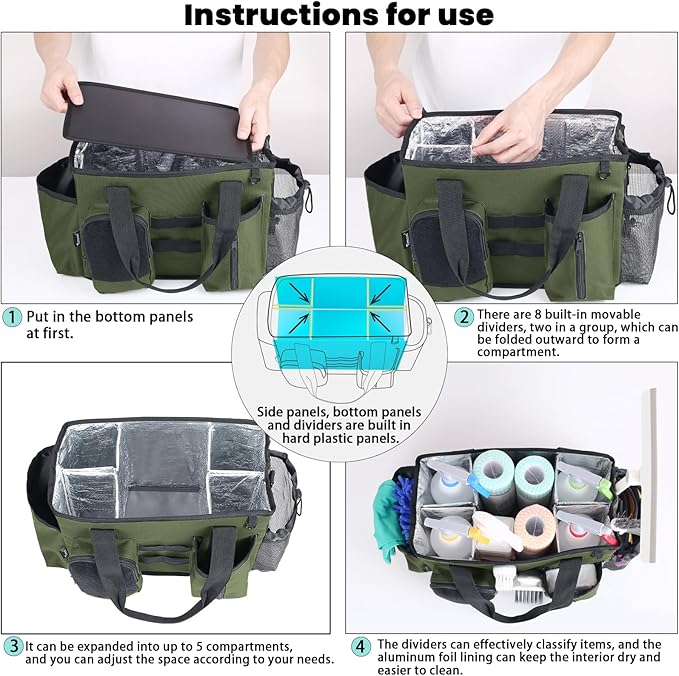 Wearable Cleaning Caddy Bag, Cleaning Organizer with Handles, Cleaning Supply Tote with Adjustable Shoulder Strap for Cleaners & Housekeeper (Green, 13.4'' x 7.3'' x 9.3'')