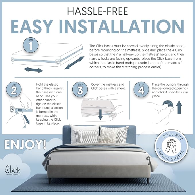 CLICK Sheet Holders 360° Heavy Duty Bedlock Set of 4 Sheet Clips Keeping Sheets in Place, No Lift Mattress Sheet Locks & Strap for Bedding, Bedsheet Fasteners Sheet Stays on King, Queen & Twin XL Beds