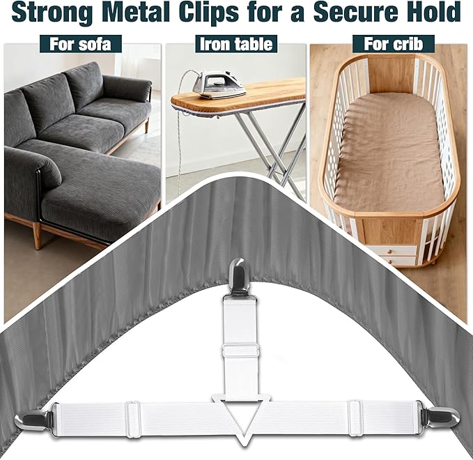 4 Packs Bed Sheet Fasteners, Adjustable Mattress Cover Straps with Metal Clips, Elastic Bed Corner Holders, Non Slip Sheet Clips White