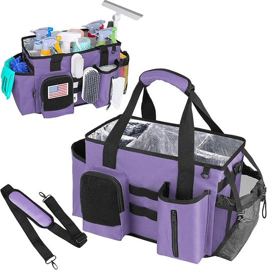 Wearable Cleaning Caddy Bag, Cleaning Organizer with Handles, Cleaning Supply Tote with Adjustable Shoulder Strap for Cleaners & Housekeeper (Purple, 13.4'' x 7.3'' x 9.3'')