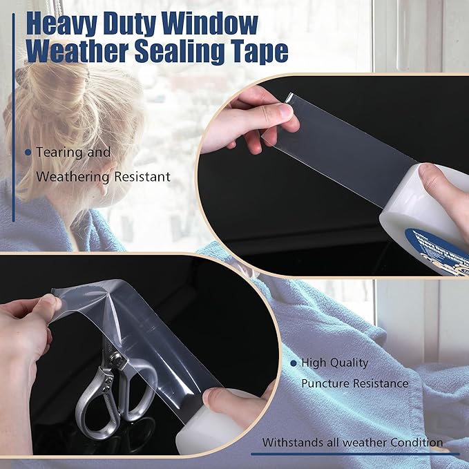 Heavy Duty Window Weather Sealing Tape - Transparent Window Tape for Winter and AC Insulation, No Mess Winter Window Seal Kit - 2 Inch Wide 180 FT Long